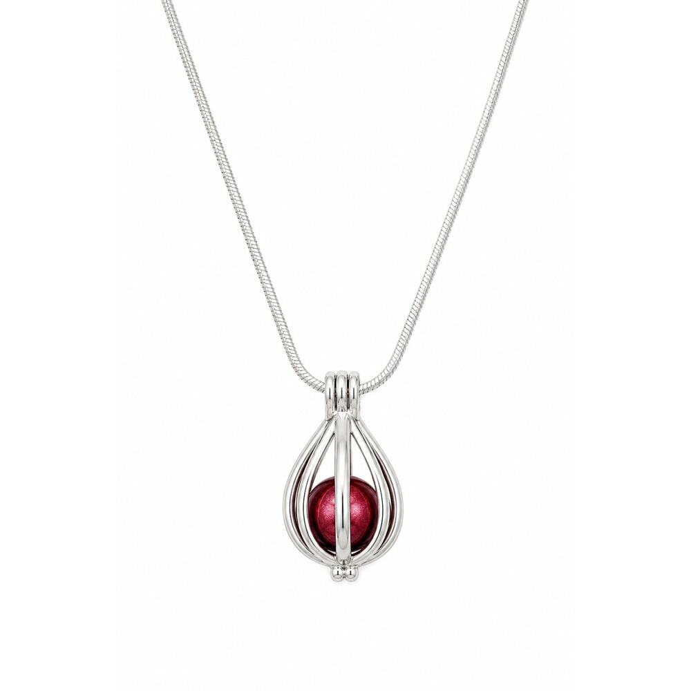 Vintage 925 Sterling Silver Red Cultured Pearl Pendant Necklace Open Cage Design